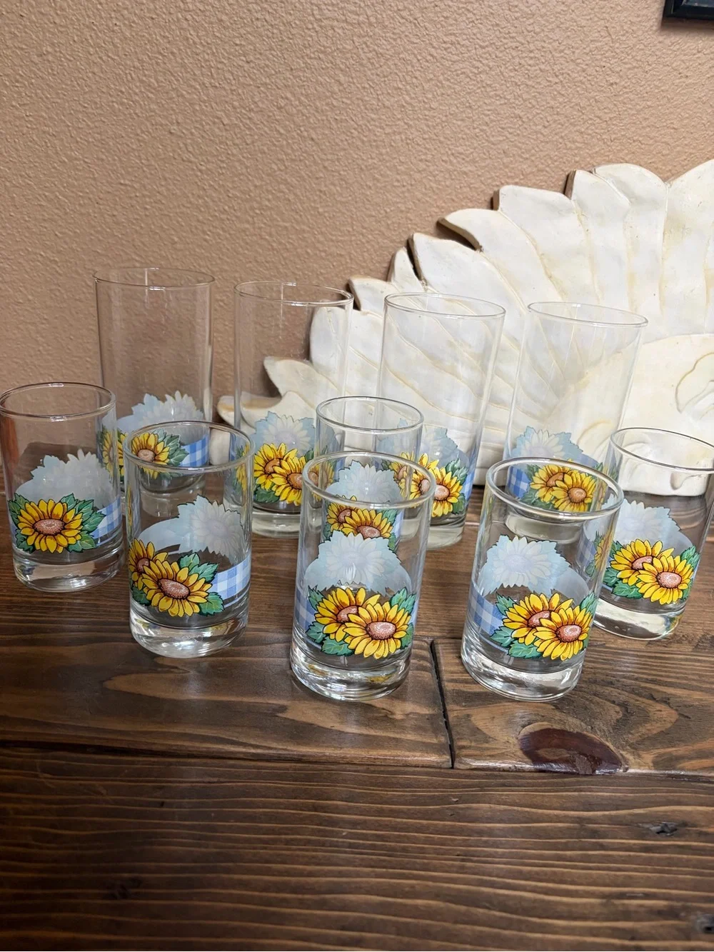 Corelle Vintage Sunflower Blue Plaid Print Drinking Glasses lot of 10!